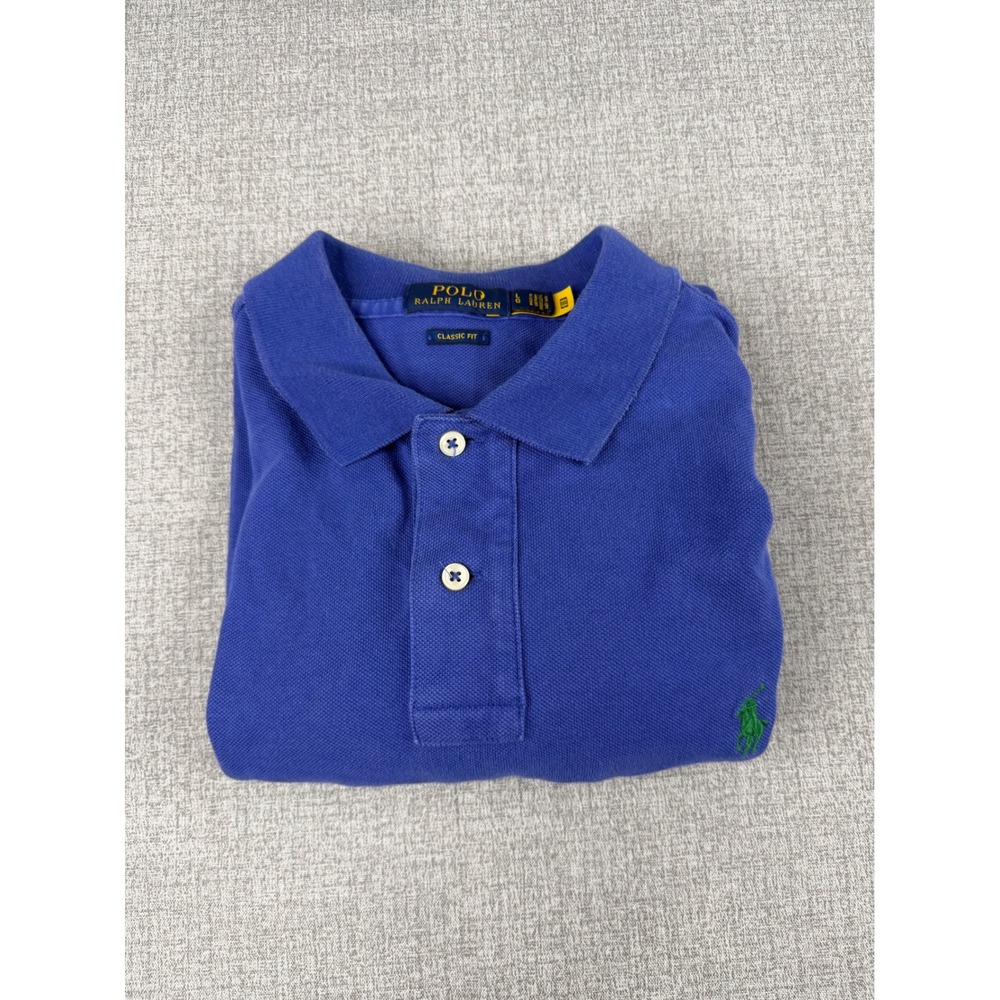 Polo Ralph Lauren Mens Classic Fit Blue Pique Polo Shirt Green Pony Large - Picture 6 of 6